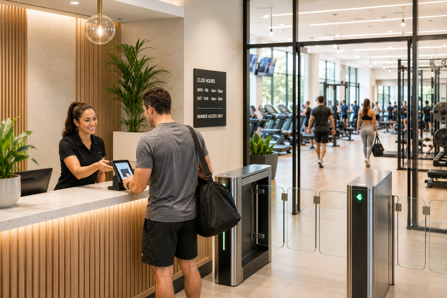 Full-service health club with members using multiple amenities