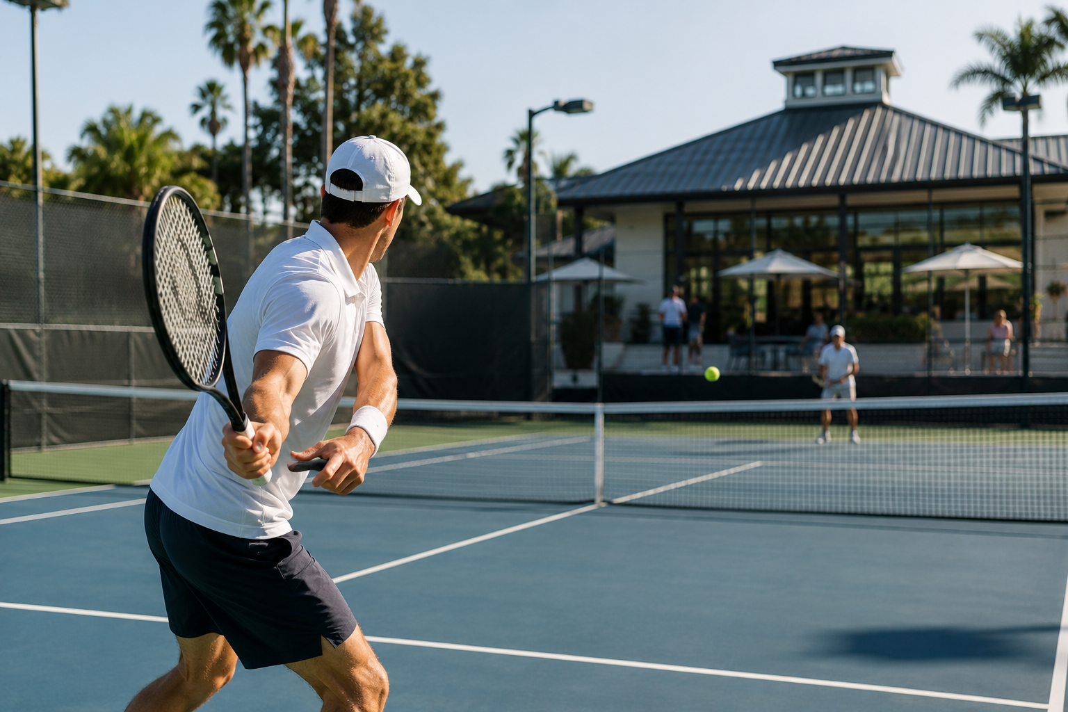 Members using courts and group fitness space at a fitness and racquet club